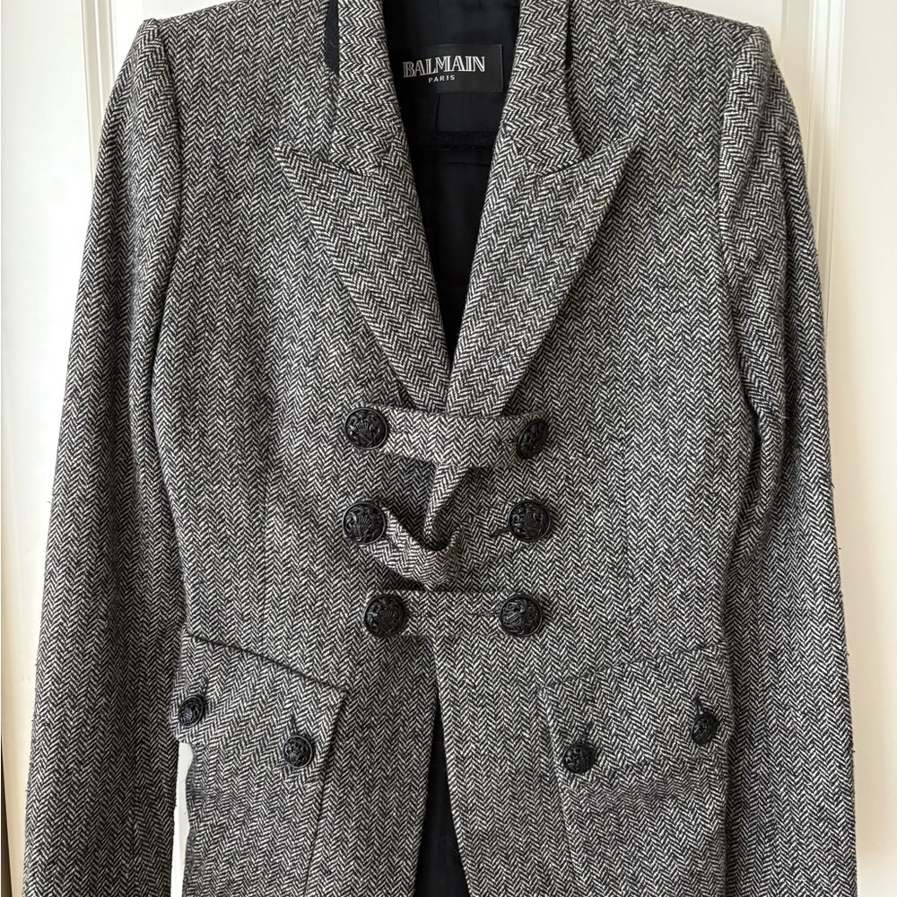 Balmain Women's Black and White Herringbone Blazer 42
